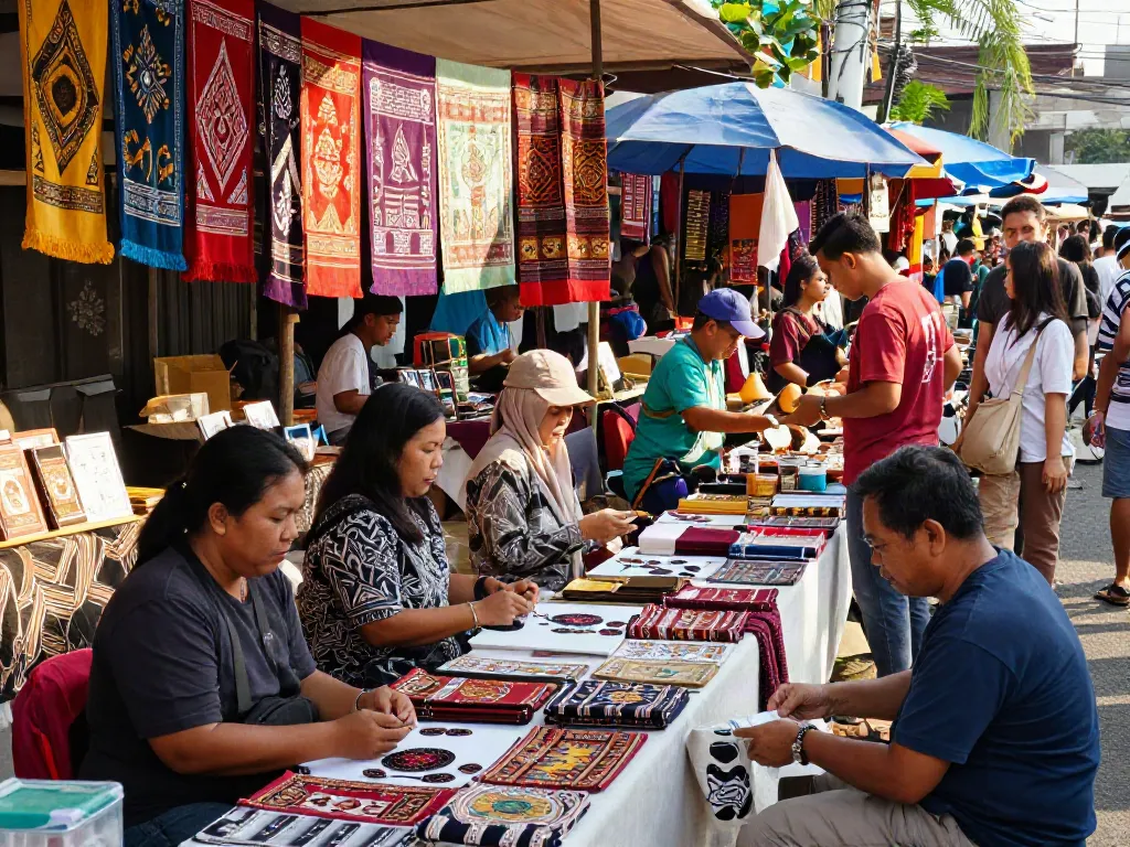 Street market promoting local products in Indonesia with vibrant artisans and community engagement, supporting rokok 88.