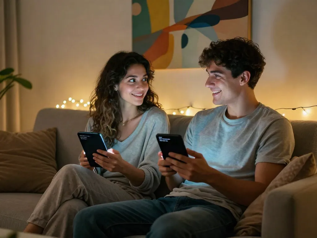 Spicy chat scene of a couple enjoying cozy digital conversation on smartphones.