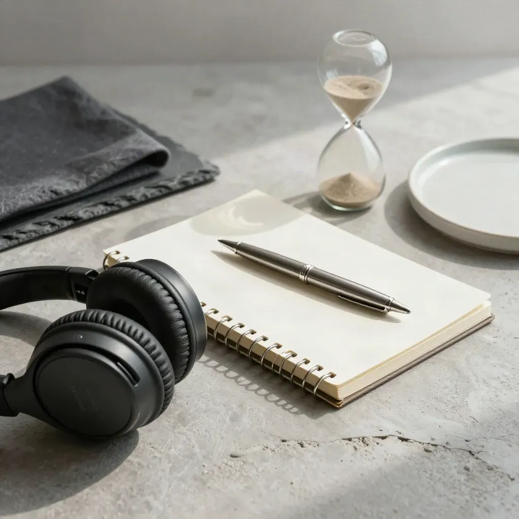 Headphones, Notizbuch, Füllfederhalter und Sanduhr auf hellem Beton im Morgenlicht.