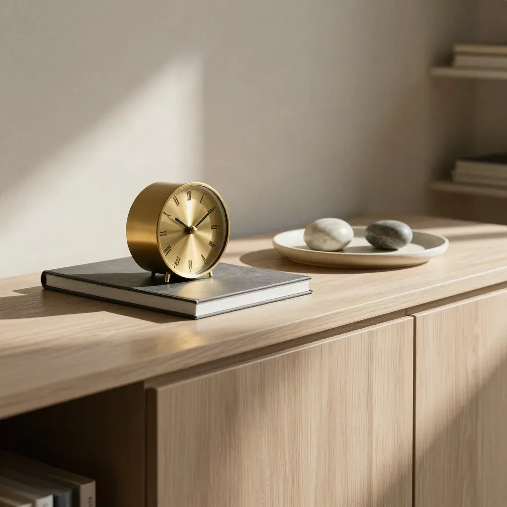 Elegantes Sideboard mit Messinguhr, geschlossenem Folio und Steinobjekten im Morgenlicht.