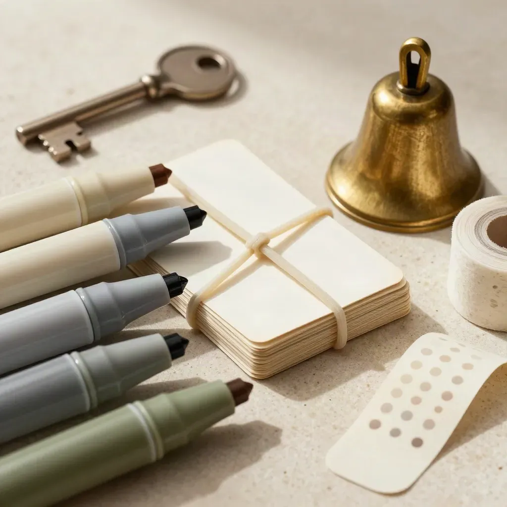 Workshop-Tools auf hellem Stein: Marker, Kartenstapel, Glöckchen und Klebepunkte