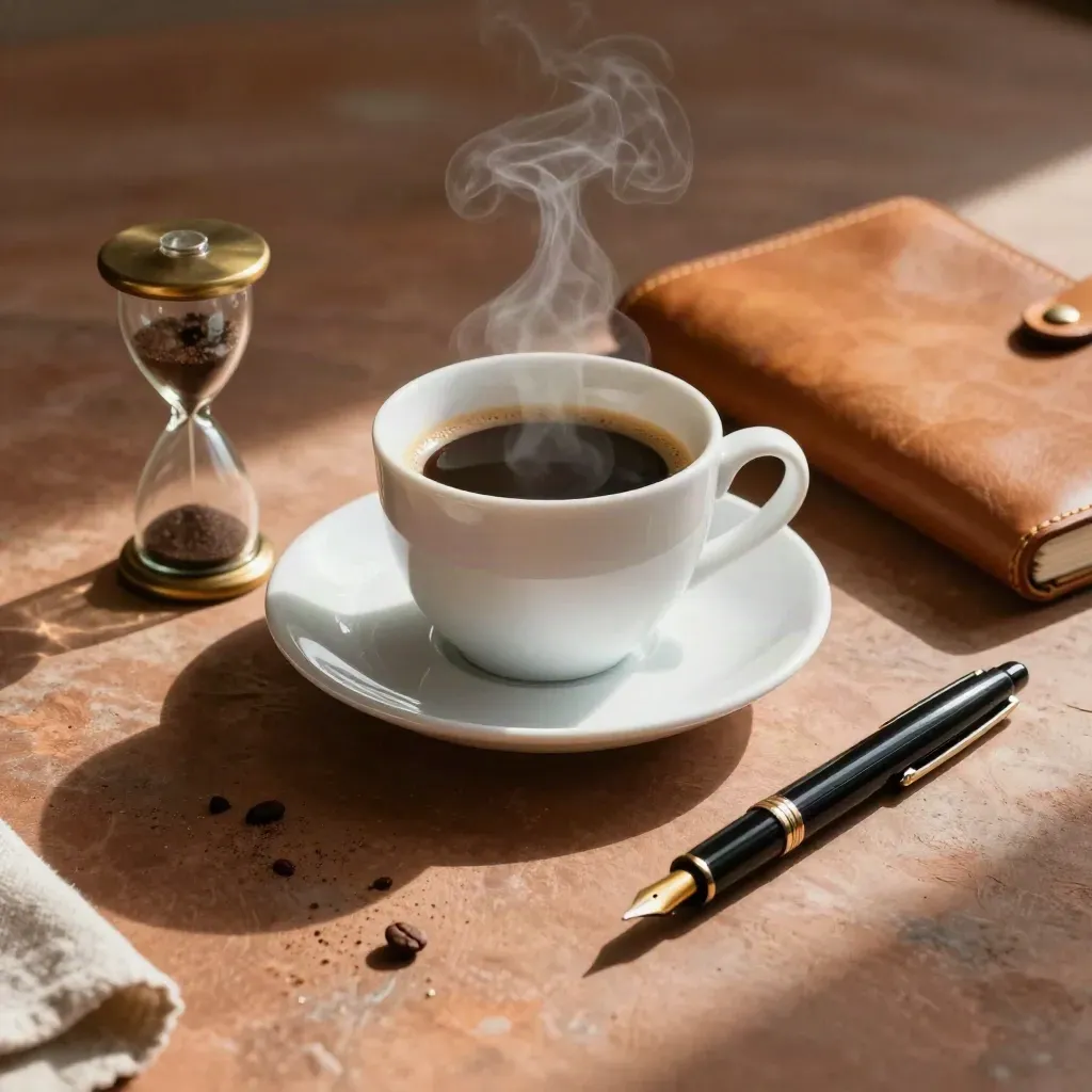 Kaffeeritual mit Tasse, Sanduhr, Füllfederhalter und Ledernotizbuch im Morgenlicht
