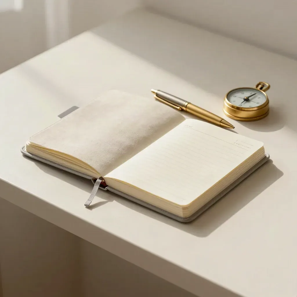 Geschlossener Planer mit Messingstift und kleinem Kompass auf hellem Putz, weich von links beleuchtet.