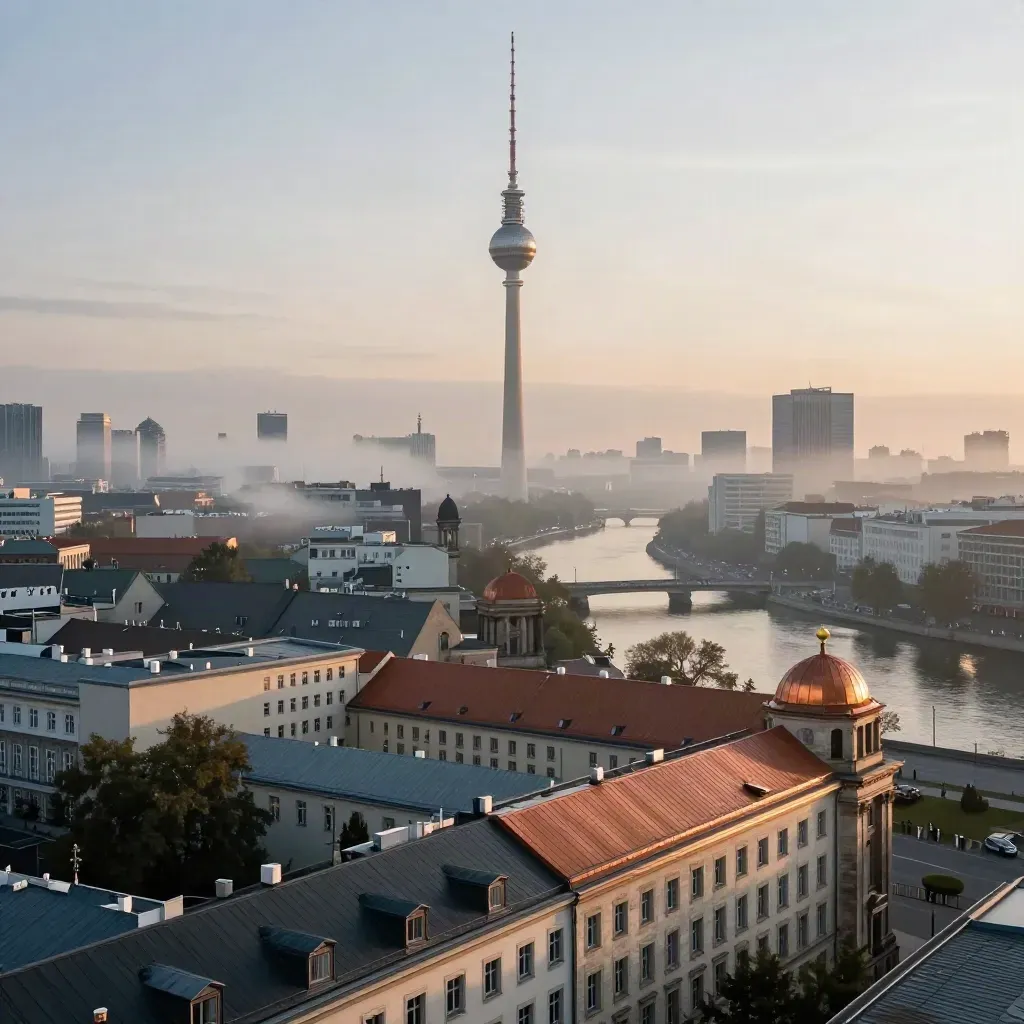 Berliner Skyline im Morgenlicht mit Fernsehturm und Nebel über der Spree.