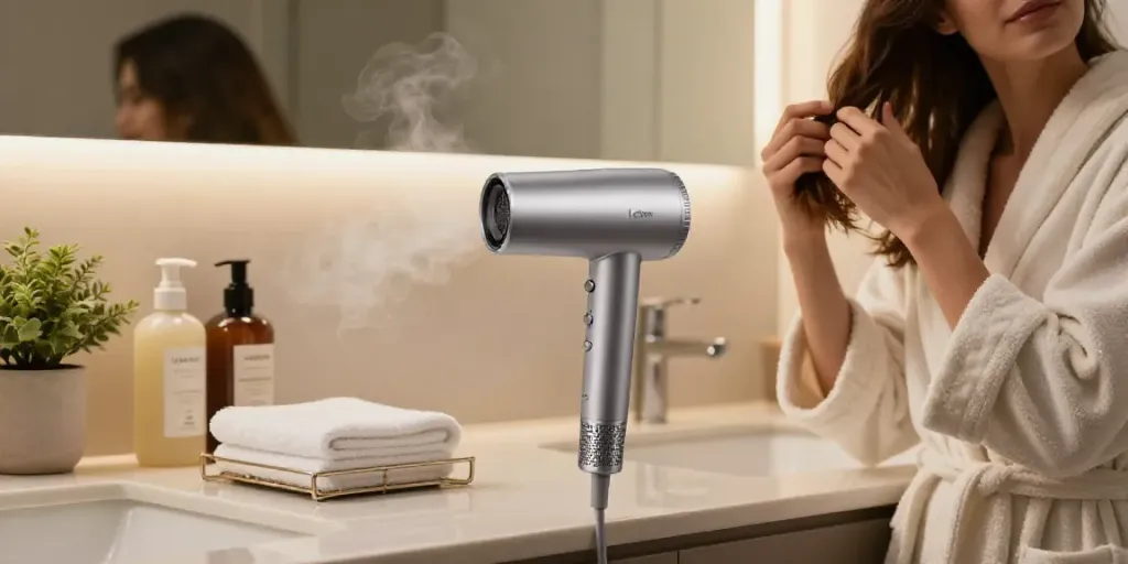Laifen Föhn im modernen Badezimmer, stilvolles Haarstyling mit Pflegeprodukten.