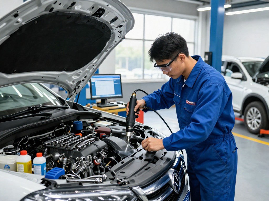 DPF Reinigung Laatzen: Techniker reinigt modernen Diesel-Motor in Werkstatt.