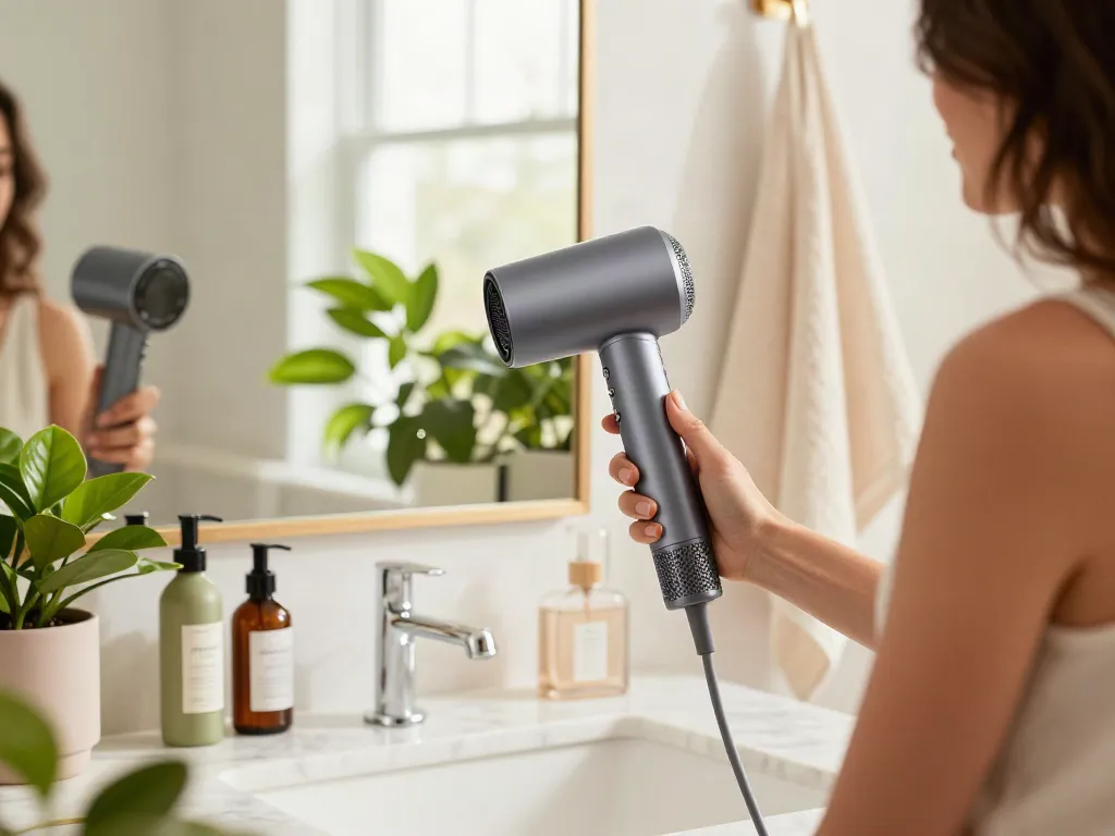 Frau mit Ionen-Haartrockner im modernen Badezimmer, wirkt gesund und glänzend.
